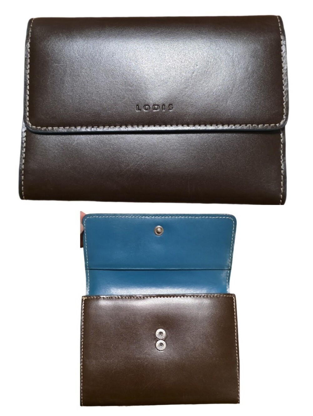 Lodis Two-Tone Leather Trifold Checkbook Wallet Brown & Turquoise Blue